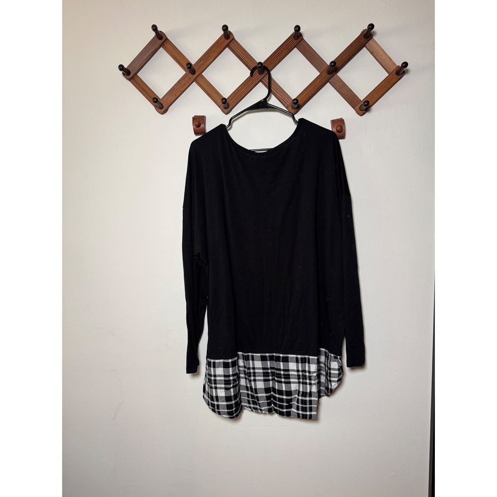 Massini Womens 3X Black Mixed Media Plaid Hem Tunic Long Sleeve Scoop Neck Top - Picture 2 of 3